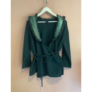 Green Wool Blend Belted Wrap Cardigan Fuzzy Collar Whimsigoth Sweater